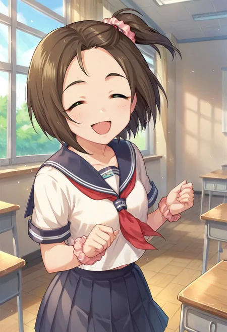 score_9, score_8_up, score_7_up, source_anime,yanase miyuki, short hair, brown hair, brown eyes, one side up, 1girl, solo, scrunchie, school uniform, closed eyes, serafuku, smile, skirt, open mouth, classroom