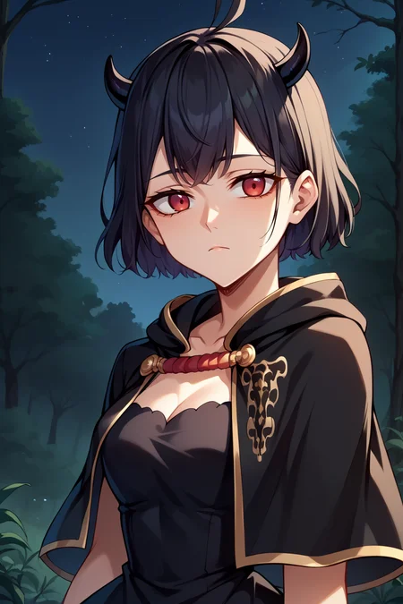 score_9, score_8_up, score_7_up, score_6_up, source_anime, BREAK 1girl, <lora:secre-pdxl-nvwls-v1-000006:1> secre, horns, black hair, black capelet, black dress, looking at viewer, upper body, expressionless, night, upper body, forest