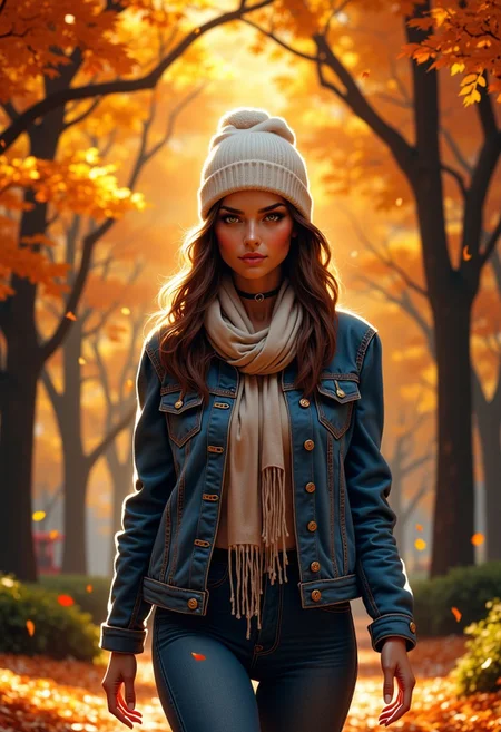 mythp0rt, A beautiful woman with brown eyes, long brunette hair, choker, dark eyeshadow, wearing a white beanie, jean jacket and scarf with jeans walking in a serene park lined with autumn trees, leaves falling, yellow_leaf, orange_leaf, autumn_leaf, red_leaf, semi realistic style, (midnight), interior of a Japanese castle, dramatic angle, masterpiece, best quality, highly detailed, sharp focus, dynamic lighting,