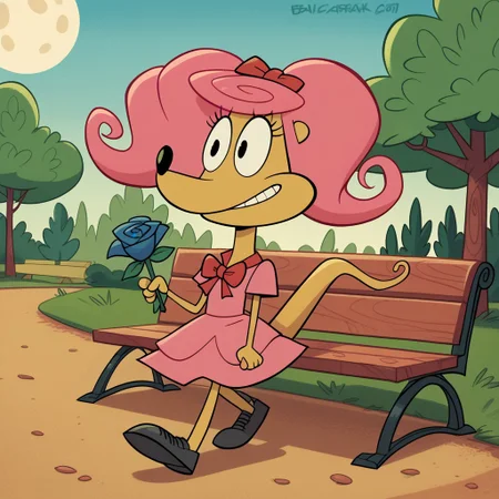 score_9, score_8_up, score_7_up, score_6_up, score_5_up,
best quality, masterpiece, thinking, smirks, Full Body, Romantic, Small Body, Furry, looking_pleasured, 1girl, solo, furry, Patsy_CL, tail, black eyes, bright pink hair, pink dress, red bow, blue rose, park, outside, full moon, walking, benches, street