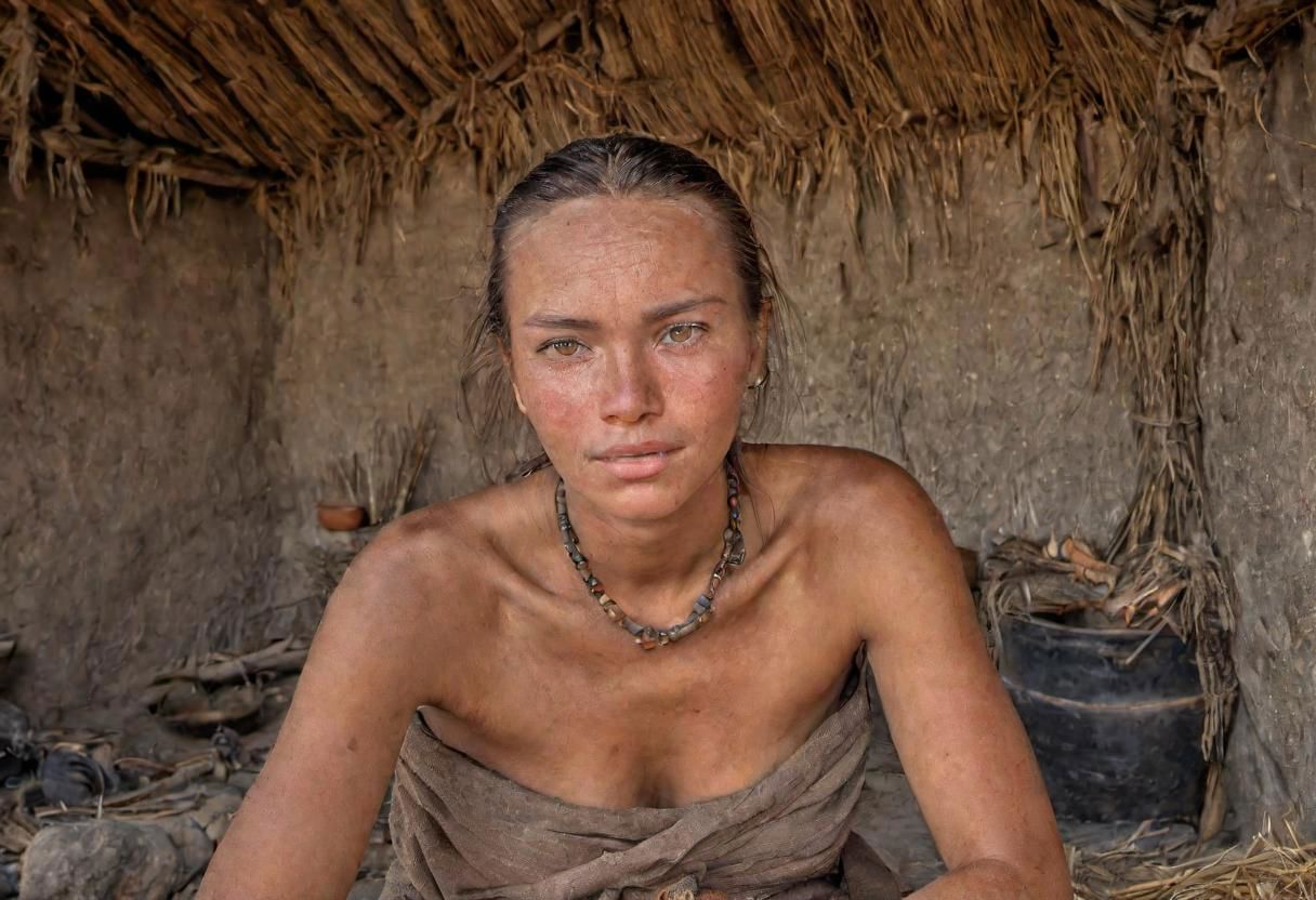 photograph, a beautiful woman in a neolithic village, high quality photography, 4k, Canon EOS R3, hdr, smooth, sharp focus, high resolution, award winning photo,