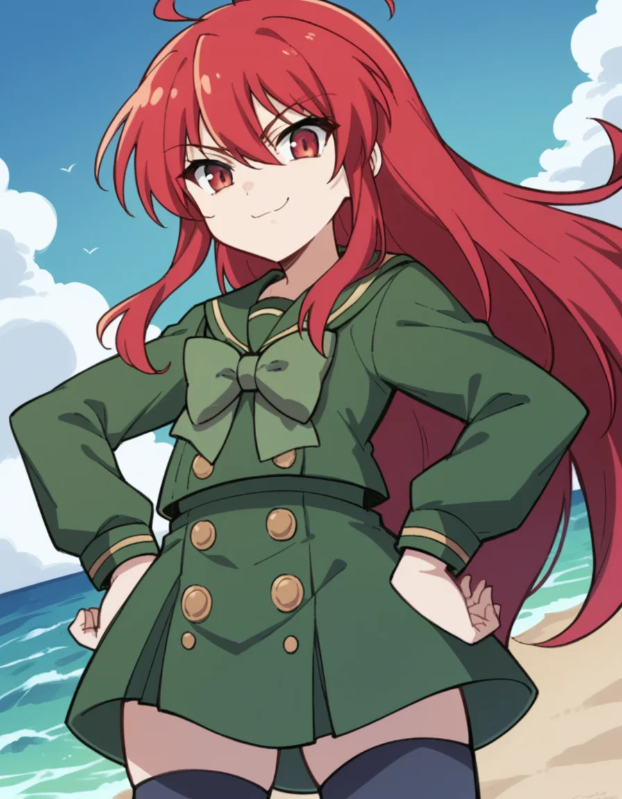 score_9, score_8_up, score_7_up, source_anime, <lora:shakugan-no-shana-s3-ponyxl-lora-nochekaiser:1>, shana, long hair, red hair, red eyes, ahoge, sidelocks,, school uniform, serafuku, green serafuku, bowtie, green bowtie, green shirt, green sailor collar, long sleeves, green skirt, buttons, thighhighs,, shore, rocks, sand, waves, water, , smug, hands on own hip,, looking at viewer, solo,, dutch angle, cowboy shot