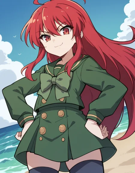 score_9, score_8_up, score_7_up, source_anime, <lora:shakugan-no-shana-s3-ponyxl-lora-nochekaiser:1>, shana, long hair, red hair, red eyes, ahoge, sidelocks,, school uniform, serafuku, green serafuku, bowtie, green bowtie, green shirt, green sailor collar, long sleeves, green skirt, buttons, thighhighs,, shore, rocks, sand, waves, water, , smug, hands on own hip,, looking at viewer, solo,, dutch angle, cowboy shot
