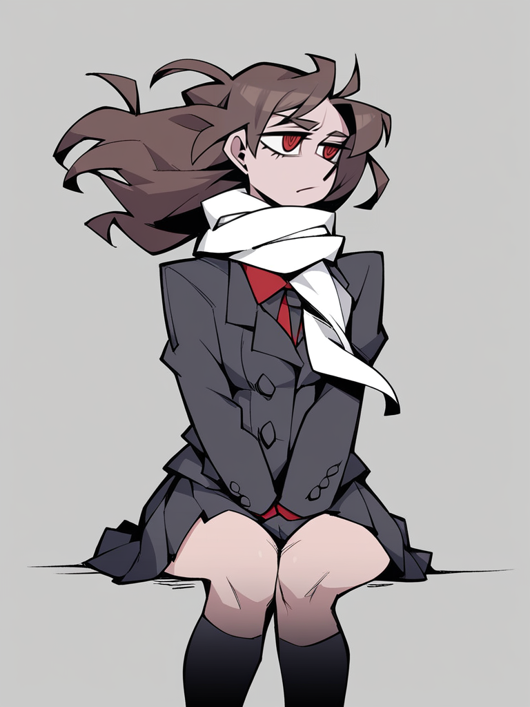 <lora:xl_Helltaker style(pony)-000005:1>,Helltaker style,1girl, solo, scarf, skirt, long hair, brown hair, sitting, coat, pleated skirt, kneehighs, wind, long sleeves, between legs, hand between legs, school uniform, grey skirt, floating hair, grey scarf, black legwear, socks, looking away, white scarf, grey legwear, looking to the side, buttons, score_9, score_8_up,