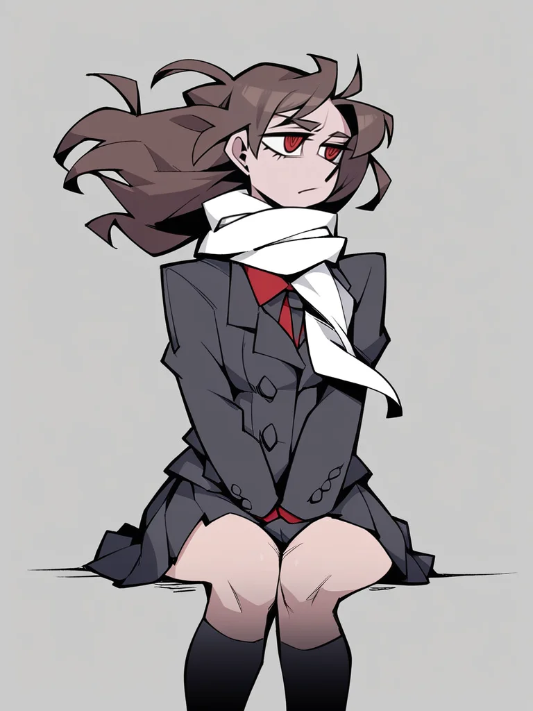 <lora:xl_Helltaker style(pony)-000005:1>,Helltaker style,1girl, solo, scarf, skirt, long hair, brown hair, sitting, coat, pleated skirt, kneehighs, wind, long sleeves, between legs, hand between legs, school uniform, grey skirt, floating hair, grey scarf, black legwear, socks, looking away, white scarf, grey legwear, looking to the side, buttons, score_9, score_8_up,