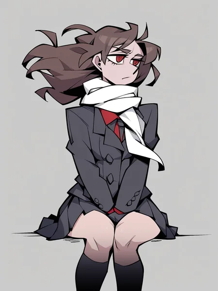 <lora:xl_Helltaker style(pony)-000005:1>,Helltaker style,1girl, solo, scarf, skirt, long hair, brown hair, sitting, coat, pleated skirt, kneehighs, wind, long sleeves, between legs, hand between legs, school uniform, grey skirt, floating hair, grey scarf, black legwear, socks, looking away, white scarf, grey legwear, looking to the side, buttons, score_9, score_8_up,