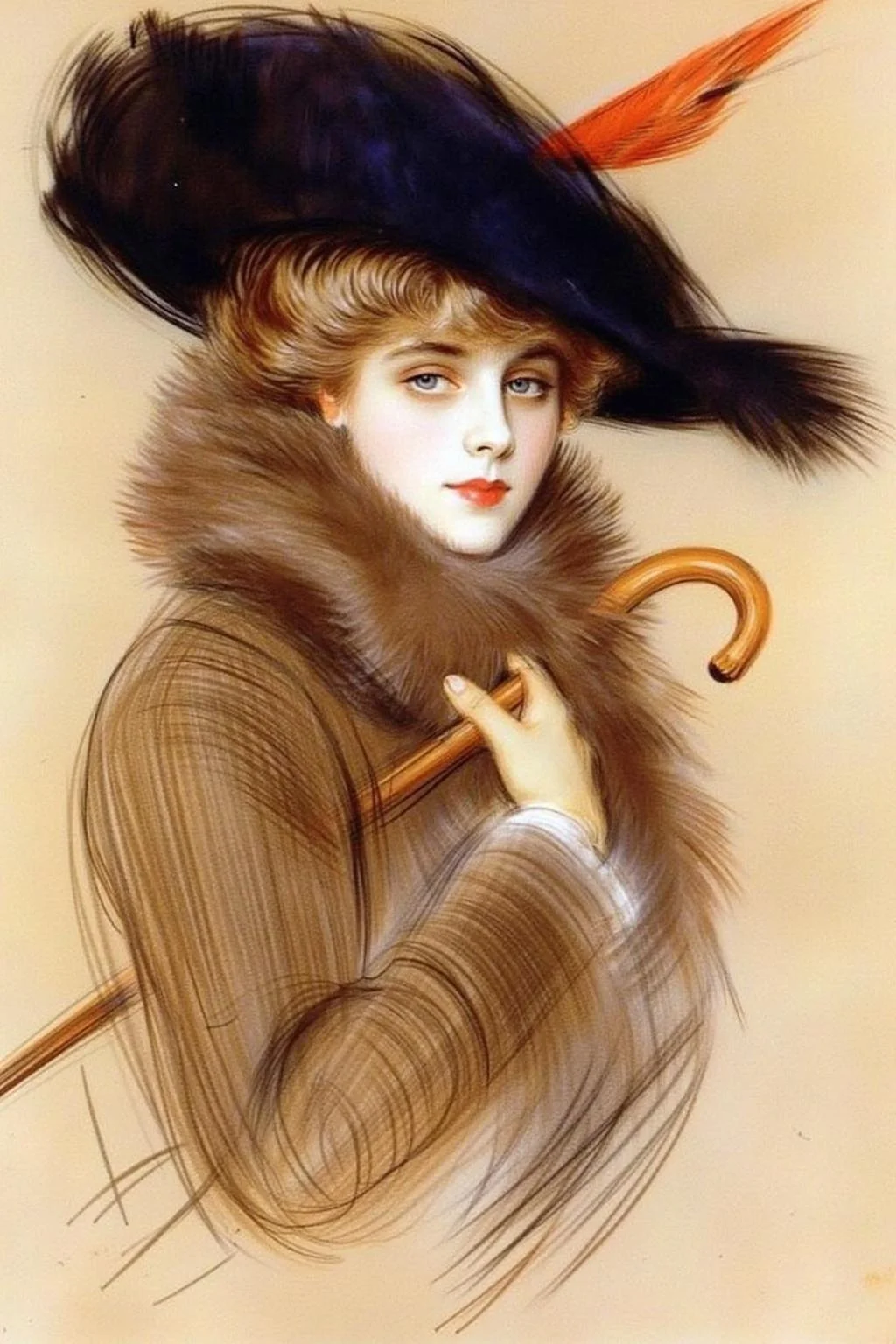 paulcesarhelleu1 illustration.
A woman in a brown fur-trimmed coat and a large, black hat with a feather, holding a wooden cane. She has wavy blonde hair.
<lora:paulcesarhelleu1_cap_d6a3e11:1.0><lora:844394762565051481:0>