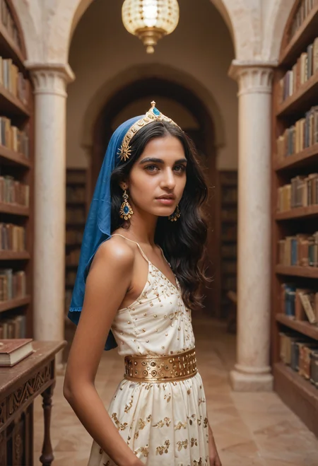 score_9, score_8_up, score_7_up zPDXL3 (angelic arabian princess) young woman, black hair, straight hair, green eyes, petite, tan skin, wearing Traditional Arabian dress in royal blue, with gold brocade details, voluminous skirt, ornate belt, jeweled hairpin, intricately patterned silk hijab with beaded accents, set in Mosque Library, Quiet chamber with shelves of ancient manuscripts, scholars deep in study, the flickering light of oil lamps illuminating the room, the rustle of pages turning zPDXLrl