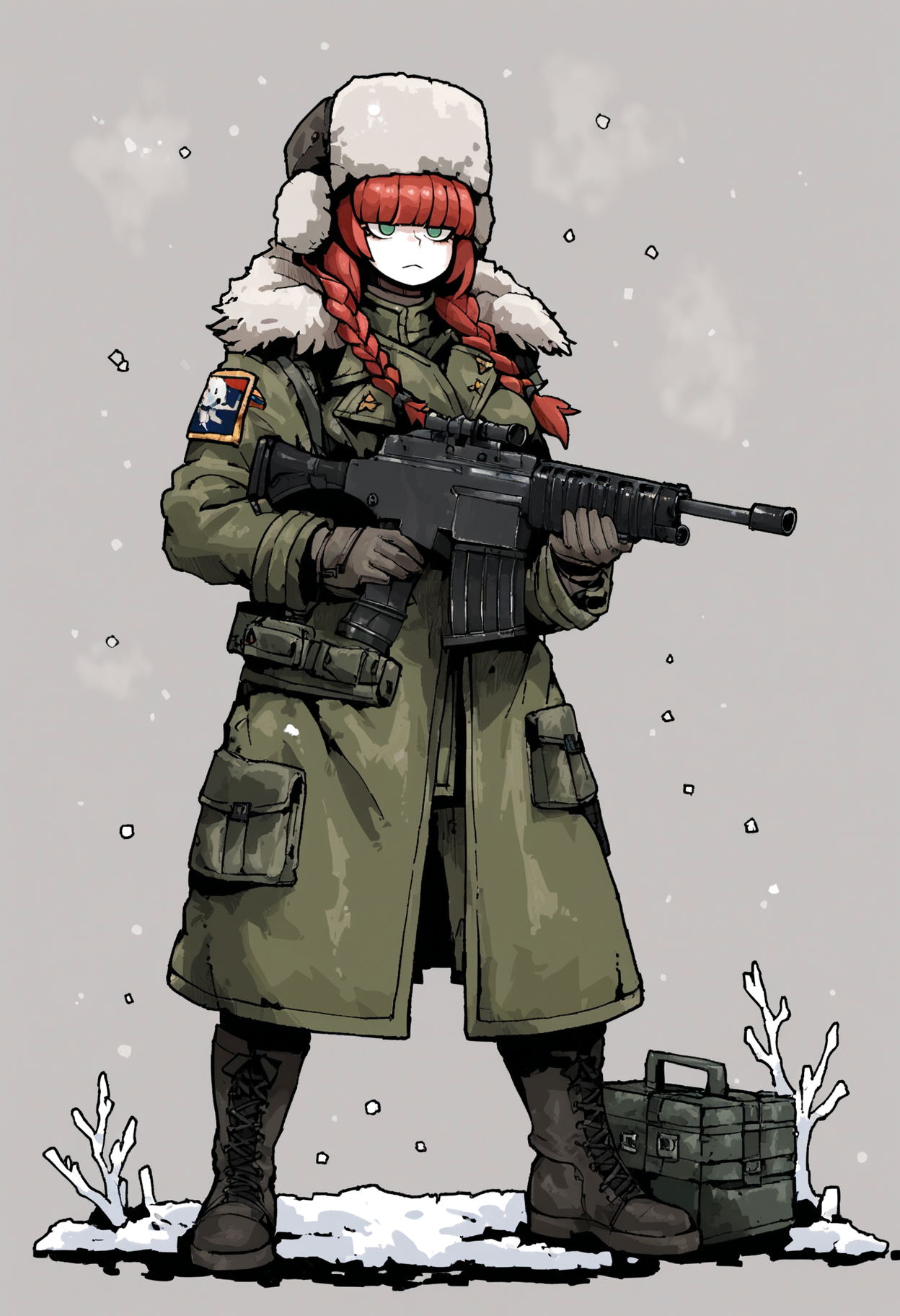 score_9, score_8_up, score_7_up,
1girl, green eyes, odd eyes , red hair, medium hair , twin braids, hair over eyes, covered eyes, blunt bangs, breasts, 
weapon, gun, holding weapon, gloves, holding, solo, military uniform, holding gun, rifle, uniform, fur hat, ushanka, boots, simple background, coat,
winter, snow,
 <lora:Octosoup-_style:0.8>, octosoup,