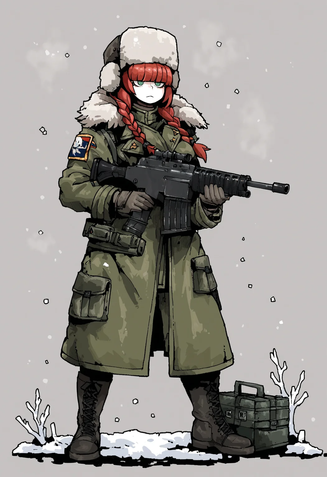 score_9, score_8_up, score_7_up,
1girl, green eyes, odd eyes , red hair, medium hair , twin braids, hair over eyes, covered eyes, blunt bangs, breasts, 
weapon, gun, holding weapon, gloves, holding, solo, military uniform, holding gun, rifle, uniform, fur hat, ushanka, boots, simple background, coat,
winter, snow,
 <lora:Octosoup-_style:0.8>, octosoup,