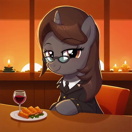 masterpiece, perfect detail, best high quality, source_pony, show accurate, cute, 1girl, 1man, solo, female, oc:sonata, glasses, attorney suit, badge on collar, pony, tail, sitting, sitting in chair, table, wine glass, plates, silverware, forks, knives, napkins, fancy restaurant, dinner, candles, windows, sunset, smile, closed mouth, beautiful, pov, bedroom eyes, looking at you, human male, offscreen character, sitting across from character, suit, hands on table, score_9, score_8_up, score_7_up, score_6_up, score_5_up, score_4_up