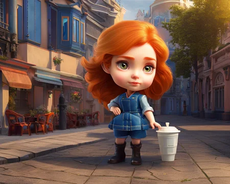 a young girl working morning in a street cafe in the european town, cartoonish_doll