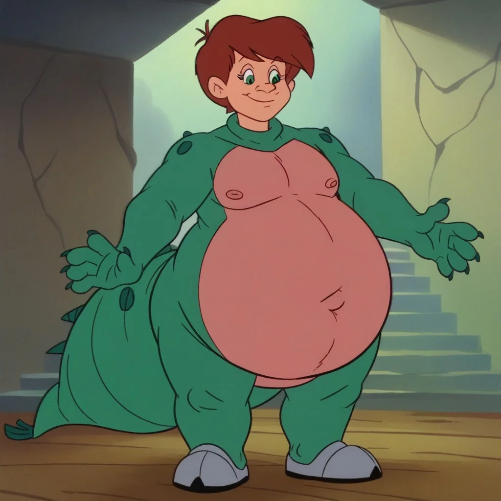 score_9, score_8_up, score_7_up, cartoon, retro_artstyle, screenshot, retro, JasonCBM solo, human face, human head, green eyes, brown hair, short hair, gray footwear, partially tranformed, male dragon form, monster boy, dark green scales, neck, huge arms, hands, 4_fingers, claws, dragon tail, spiked tail, long tail, thick tail, giant chest, wide hips, giant thights, huge legs, giant butt, fatty belly, plomp, full body, weight gain, giantess growth, giant sized, taller, gentle, nice, cute, beautiful, happy, shy, smile, closed mouth, standing, looking at viewer,