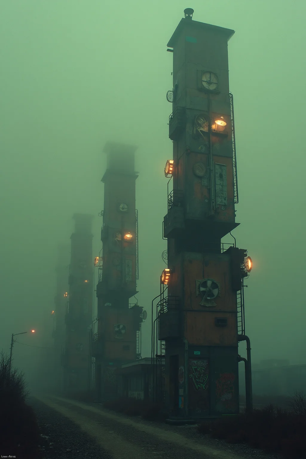 A series of rusty, decrepit high-rises protrude from a dense fog, their twisted forms stretching into the mist above. Each building is adorned with flickering neon lights, casting an eerie glow in the darkness. Industrial fans are embedded into the structures, spinning slowly as if trying to combat the oppressive atmosphere. Graffiti covers the walls, adding a layer of chaotic artistry to the unsettling scene. The dim, VHS-quality footage captures the haunting essence of these isolated towers, standing alone in a cyberpunk cityscape that feels both alive and abandoned