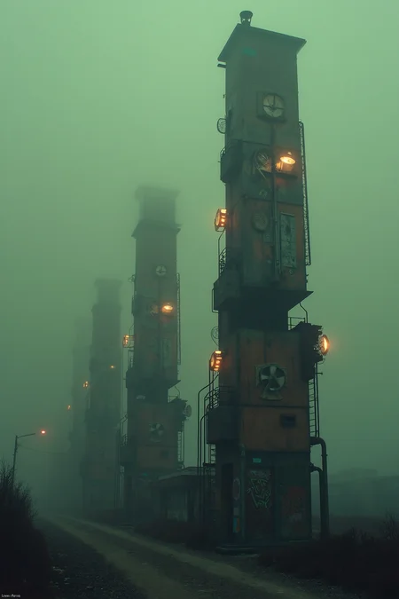 A series of rusty, decrepit high-rises protrude from a dense fog, their twisted forms stretching into the mist above. Each building is adorned with flickering neon lights, casting an eerie glow in the darkness. Industrial fans are embedded into the structures, spinning slowly as if trying to combat the oppressive atmosphere. Graffiti covers the walls, adding a layer of chaotic artistry to the unsettling scene. The dim, VHS-quality footage captures the haunting essence of these isolated towers, standing alone in a cyberpunk cityscape that feels both alive and abandoned