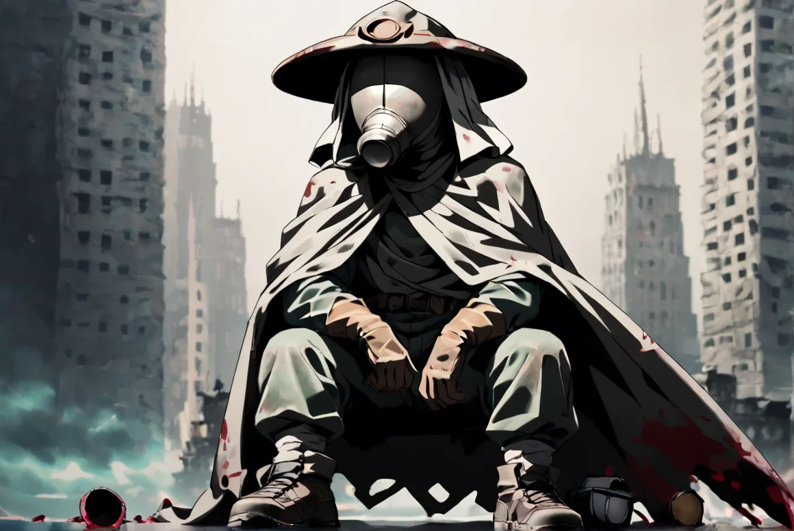 score_9, score_8_up, score_8, <lora:Kanta_SunabozuDesert_Punk_for_PonyXL:0.8> 1boy, k4nt4, hat, mask, cape, gloves, reflective mask, sitting