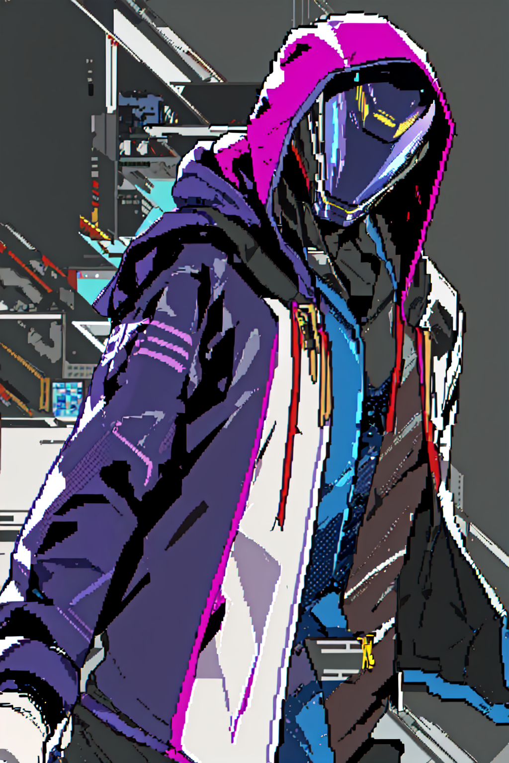 masterpiece, best quality,pixel art,  <lora:Pix:1>  <lora:GR-Dark (1):0.6>,hood,mecha