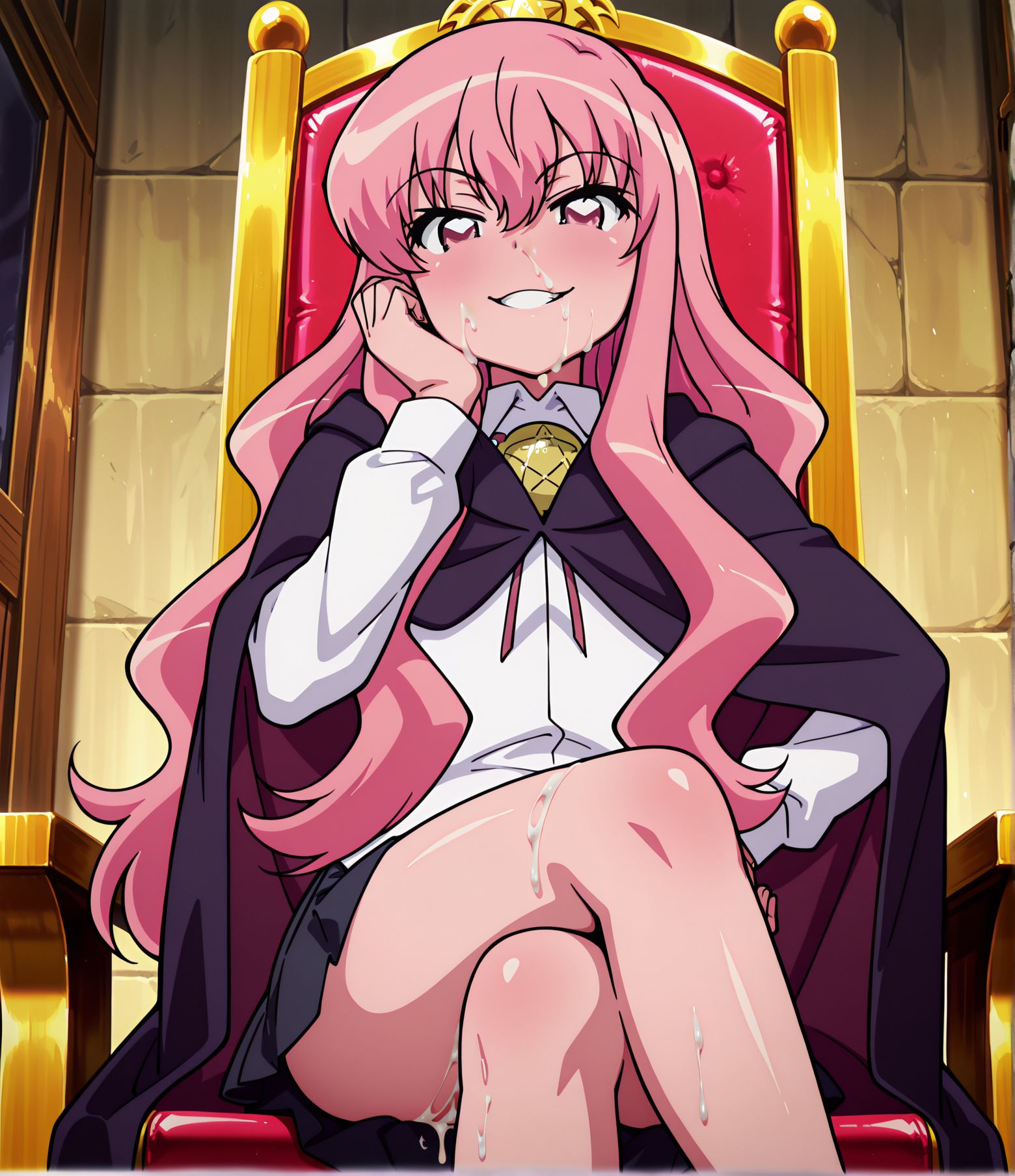 <lora:add-detail-xl:0.5>,,masterpiece,best quality,anime coloring,anime screenshot,
<lora:Cum_dripping:0.7>Cum_drippingV1,
1girl,cum,,solo,facial,looking at viewer,
cum dripping,cumdrip, long cum trail, 
cum dripping out of face,hand on own hip, 
standing,head rest,sitting, crossed legs, 
looking at viewer, cum dripping into legs,
BREAK
evil smile, pink hair, 
louise, black skirt, pentacle, cape, white shirt, <lora:Zero_no_Tsukaima_-_louise_-_illustrious:0.8>, zero no tsukaima,official art, 
20YO, milf,