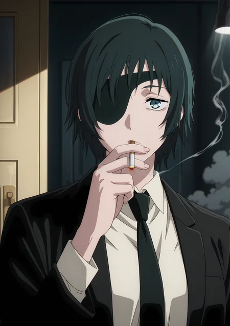 volumetric lighting, official style, amazing quality, ultra detailed, highres, detailed background,anime coloring, (anime screencap) masterpiece, detailed face,1girl <lora:Himeno__:0.8>Himeno, eyepatch, necktie, solo, cigarette, formal, suit, short hair, holding cigarette, black hair, shirt, black necktie, white shirt, holding, jacket, black jacket, collared shirt, smoke, turquoise eyes, smoking, black suit, door