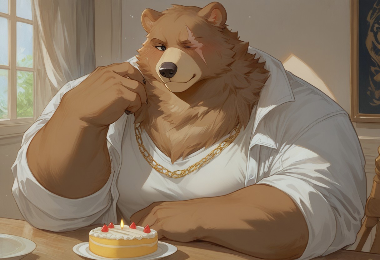 score_9, score_8_up,score_7_up, score_6_up, human, solo, 8k, male, , solo, 2d,masterpiece, detailed face, Big pecs,rating_safe,thighs, very detailed, highly detailed texture,, muscular, Plump Pecs, Voluptuous, muscular tits, male breasts,BenBiggerPXL,anthro, brown fur, one eye, eye scar, {muscular|chubby|overweight},
, gold chain necklace, white jacket, black {shirt|tank top}, white pants, 
Expressiveh, TrailH, solo,  male, , solo, 2d,masterpiece,  Big pecs,rating_safe, Expressiveh,cute face ,very cute face ,Focus face,very Happy, Happy ,Focus face, thick thighs, nice thighs,plumbe body,wide hips, thick thighs((detailed background,low light,room, indoor,BenBiggerPXL behind a table,brithday cake With many lit candles in the decorate brithday table,only illuminated by the light of the candles,dark room,small crown in the heat , Focus upper body, sit , sitting in a chair ,brithday decoration,gifts around the cake, a lot of gifts, birthday background))
