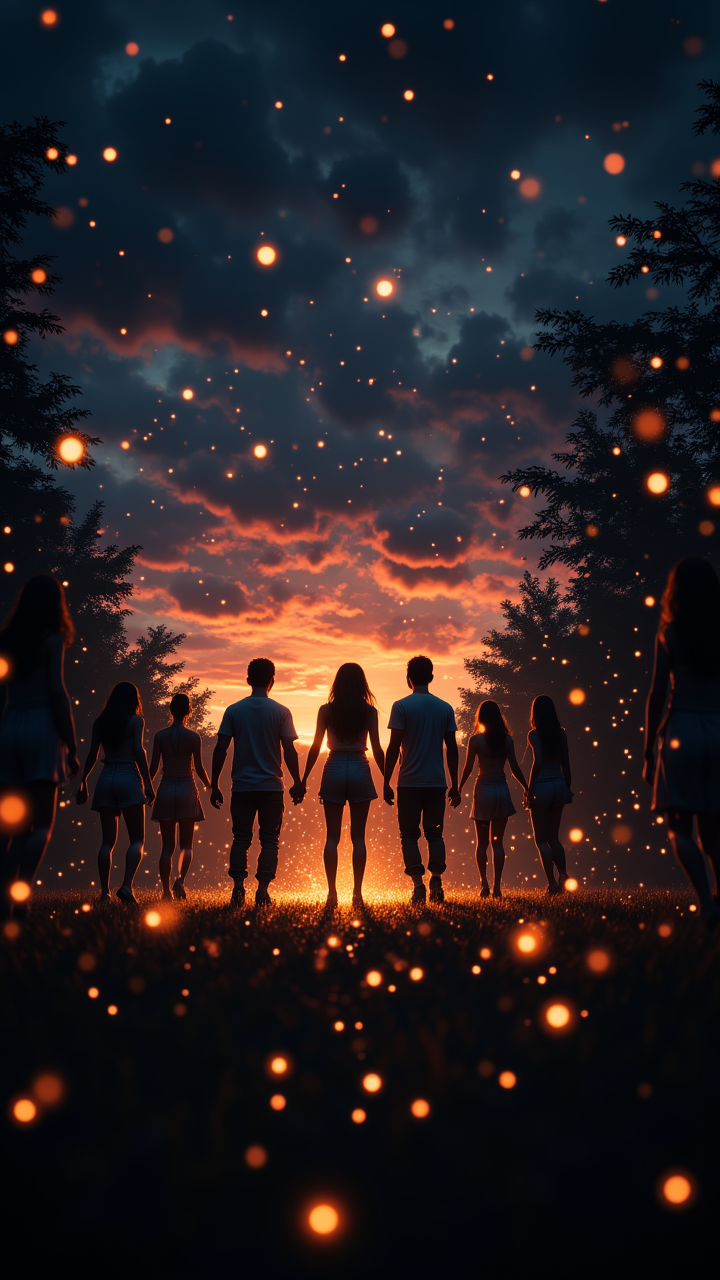 Celebration, In the midst of a dark, empty night, a dance of fiery fireflies takes place. The sky is painted in hues of orange and pink, as the sun begins to set. aidmaMJ6.1, aidmaimageupgrader