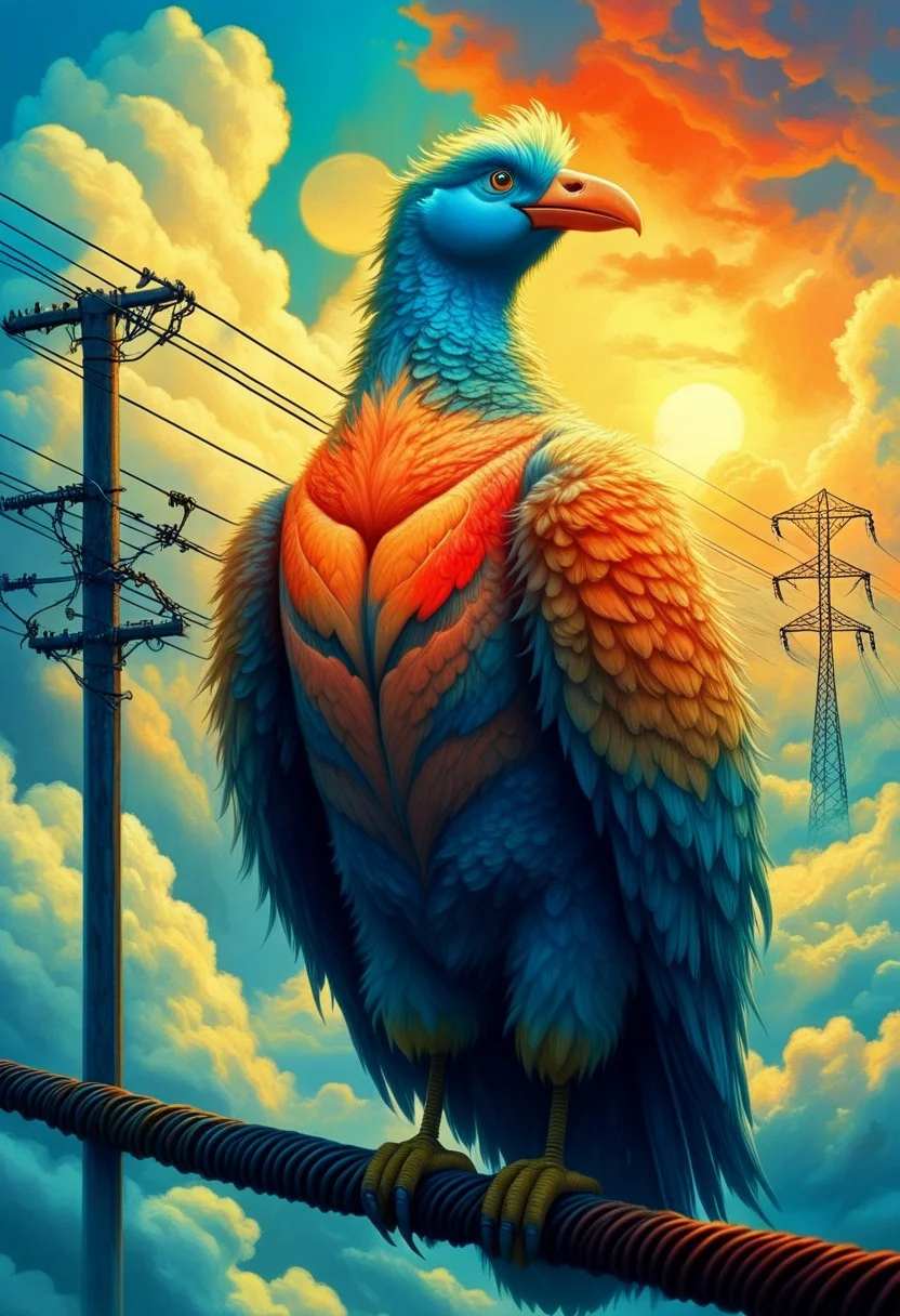 drawing, art, fantasy, Cartoon, Comic, a large majestic bird sits in the clouds on a power line, the cord of the power line bends due to the weight. Small birds sit to the left and right. The little birds look at the big bird. sunset.
Intricate details. Work by Ivan Shishkin to Yoshitaka Amanos.
perfection style, vivid colors, colorful, vivid background, midjourneyv6.1, Focus on birds, ZipFile Comi Style, fantasy art deco, fantasy animal