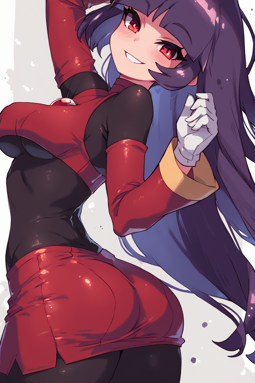 score_9, score_8_up, score_8, medium breasts, (curvy), cute, eyelashes,       BREAK, , ,,,   zzSabrina, red eyes, long hair, blunt bangs, sabrina (pokemon), purple hair, pantyhose, black hair, long sleeves, red skirt,  white gloves, black bodysuit, ass, side view,  ,<lora:Sabrina_Pokemon_PDXL:0.8>, ,,, , BREAK, smile, looking at viewer, cowboy shot, ,,, embedding:zPDXL, Expressiveh, ,,, <lora:Zankuro_Style_PDXL:0.8> <lora:SDXLFaeTastic2400:0.5>, <lora:Expressive_H-000001:0.4>,