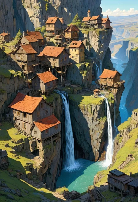masterpiece, landscape, intricate city built into a rocky cliffside, dilapidated buildings, shacks, witch houses, buildings, sun, epiCPhoto, long shadows, waterfall cascades, Moebius art style,