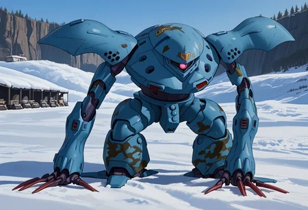 score_9, score_8_up, score_7_up, source_anime, front view, BREAK, ( hygogg, blue_hygogg_armor, blue and dark blue camo stripe, camo painted hygogg, pink monoeye, looking at viewer, leaning forward, long arms, very long arms, long claws) 1mech, blue and dark blue camo stripe painted mech, wide mech, large shoulders, large shoulder armor, mech focus, solo, BREAK, in snow, making snowman, waving, arm raised, two arms,