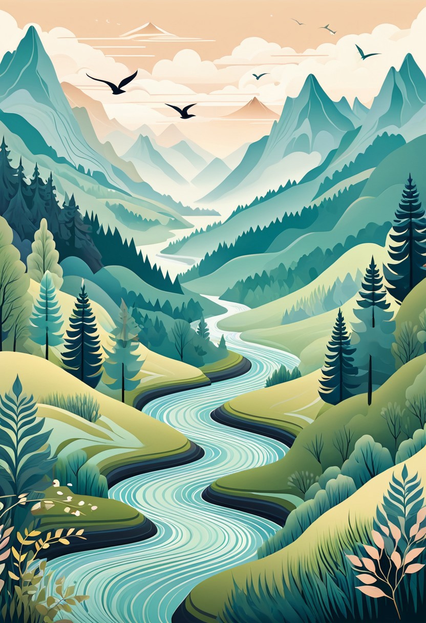 stylized landscape, winding river, fantasy forest, soft foliage, muted color palette, flowing lines, intricate patterns, tranquil atmosphere, dreamy scenery, birds in flight, misty mountains, nature illustration, peaceful mood