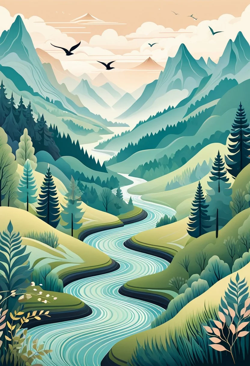 stylized landscape, winding river, fantasy forest, soft foliage, muted color palette, flowing lines, intricate patterns, tranquil atmosphere, dreamy scenery, birds in flight, misty mountains, nature illustration, peaceful mood