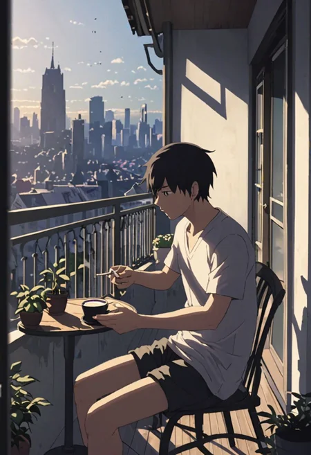 Highres, Masterpiece, High Quality, 4K, 8K, solo, 1Boy, Takaki Toono, adult, black hair, short hair, home balcony, city view, small table, balcony chair, houseplants, fresh air, morning, breeze, soft sunlight, calm, peaceful, holding a cigarette, cup of coffee, v-neck t-shirt, shorts, relaxing, enjoying moment, ashtray, coffee cup, easynegative, detailed_eye_model