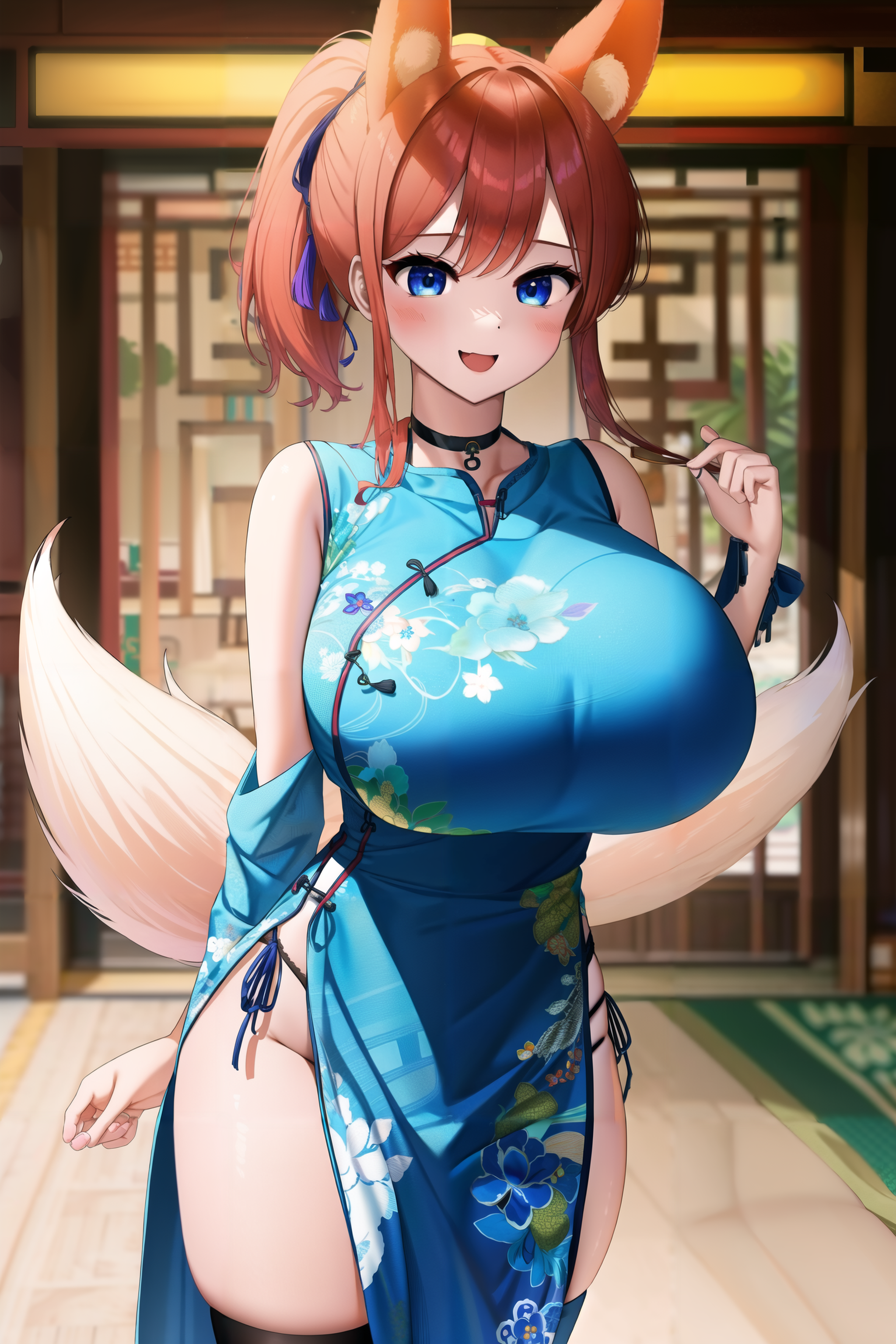 detailed face, detailed eyes,  detailed hair strands, nicorima, masterpiece, best quality, 1girl, , red hair, blue eyes,  (qipao:1.2), (blue chinese dress:1.2), (gigantic breasts:1.3),(wide hips:1.3),(thick thighs:1.3),  black panties, black underwear ,smile,thighhighs,(blush:1.3),indoors,choker, slender waist, fox girl, fox ears,  long hair, ponytail, long qipao, skintight qipao  <lora:Nicorima-Style-Nai-35epochs-1.5e-768-adamw8-resumed-000014:1>