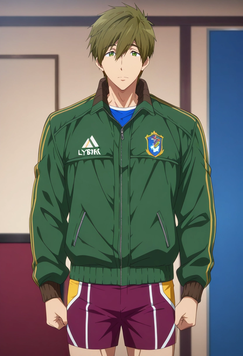 masterpiece, best quality, , anime screencap, , official style, , 1boy, solo, male focus, <lora:makoto_tachibana_ilxl:1>, makoto_tachibana, brown hair, green eyes, hair between eyes, tachibana makoto, , PlumPurple Rugby shorts, Lycra Puffer jacket, , ,