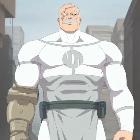 masterpiece, best quality, newest, absurdres, highres, 1boy, Conquest-ISV-V1.0 old man, white hair, mustache, facial hair, scar, blind eye, single mechanical arm,