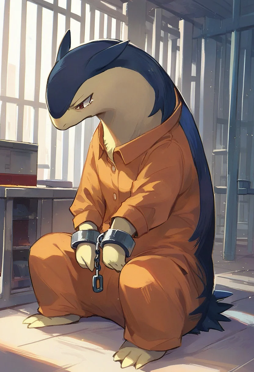 score_9, score_8_up,score_7_up, source_anime,solo,no humans,typhlosion, closed mouth,sad,courtroom,podium,striped prison uniform,shackles