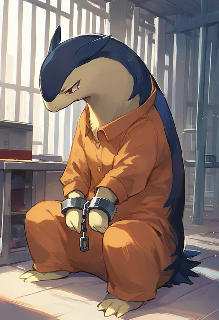 score_9, score_8_up,score_7_up, source_anime,solo,no humans,typhlosion, closed mouth,sad,courtroom,podium,striped prison uniform,shackles