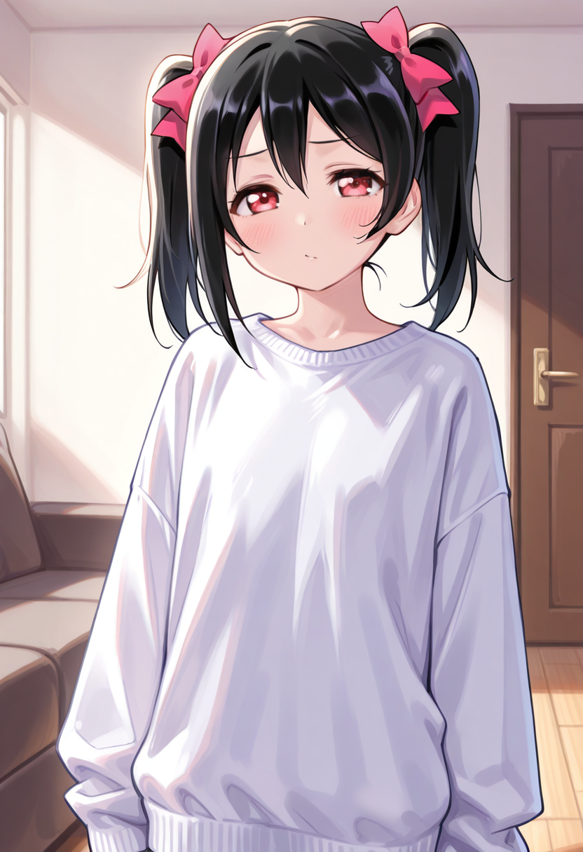 masterpiece, best quality, absurdres, half body, yazawa nico, 1girl, solo, looking at viewer, (half-closed eyes:0.7) , oversized clothes, white sweater, living room, misa_mi