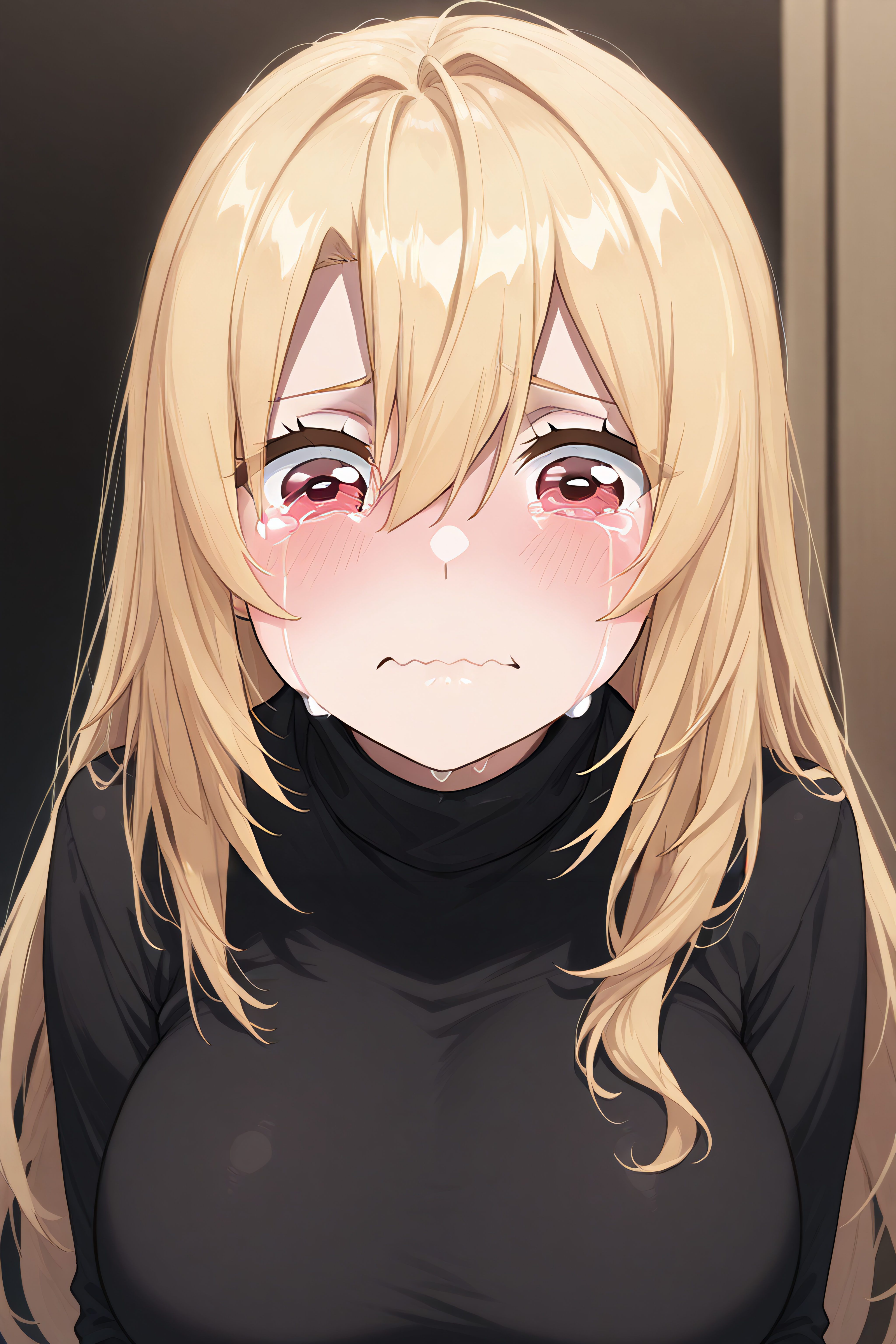masterpiece, best quality, <lora:Angelica Rapha Redgrave-Illustrious-lora-Faxtron:1> angelica, red eyes, blonde hair, long hair, hair between eyes, large breasts,   <lora:aqua-about-to-cry-ponyxl-lora-nochekaiser:1> crying aqua, crying aqua (meme), crying, tearing up, tears, wavy mouth,,