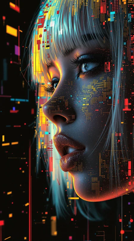 magnificent, abstract pop-art image, expressive, extreme closeup side portrait of young Japanese woman, bleach-blonde bob, dark eyeshadow, averted gaze, sensual, sexy, seductive, erotic, abstract cyberspace background
