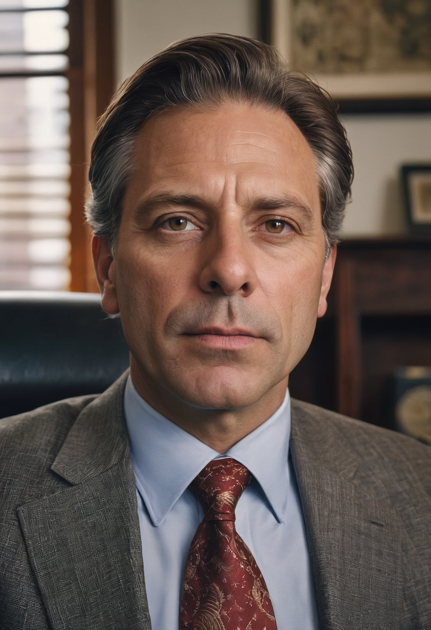 RAW Photograph, mid closeup of a powerful lawyer in his office in New York city, he is fond of expensive suits, 40 yo man, insane intricate detail, award winning art, raytracing, sharp focus, 8k, hdr, masterpiece, photography, dslr, kodachrome, 35mm photograph, analog film, professional, highly detailed