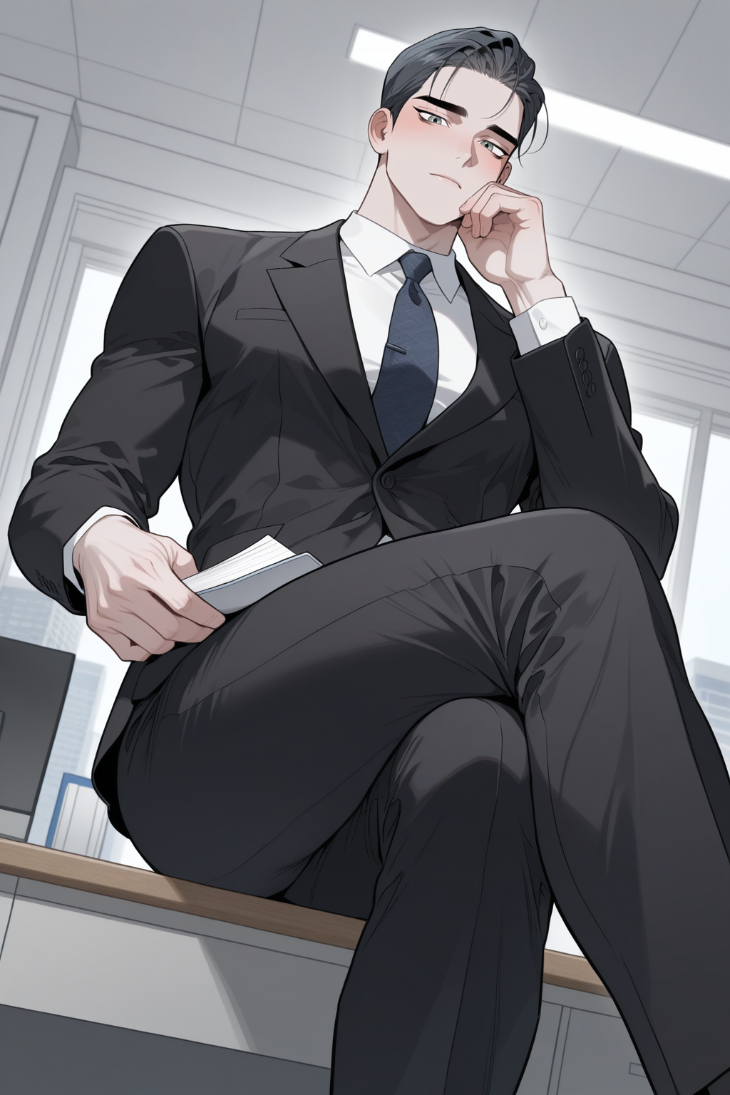 <lora:define relationship-IL-000008:0.8>,karlyle,grey hair,green eyes,looking at viewer,formal,black blazer,office,crossed legs,holding,white shirt,black pants,1boy,solo,yaoi,bara,male focus,masterpiece,best quality,amazing quality,nsfw,uncersored,highres,best quality,amazing quality,best aesthetic,absurdres,