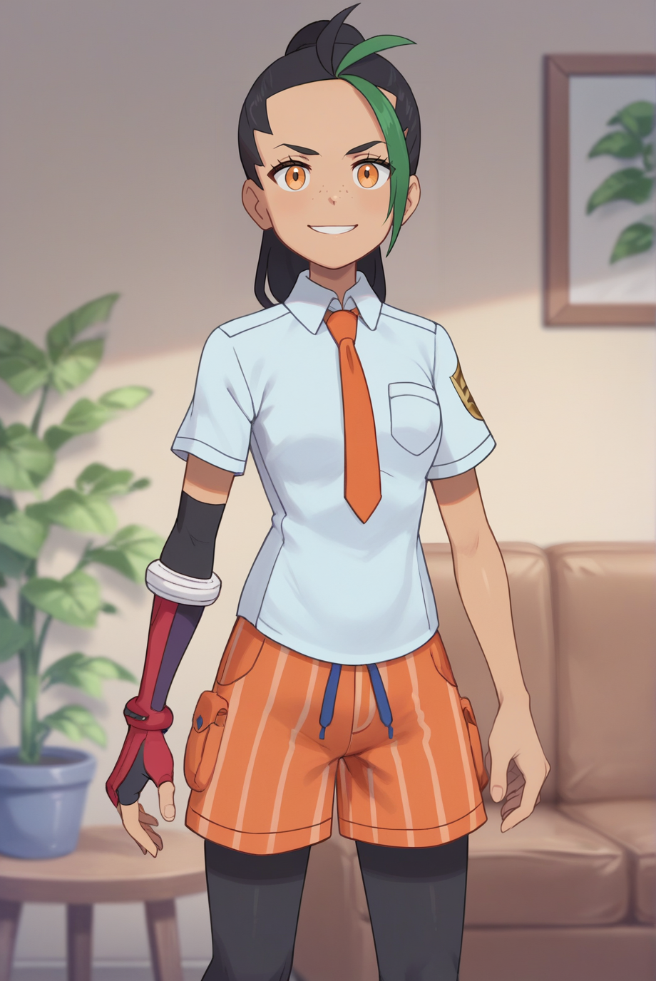 score_9, score_8_up, score_7_up, score_6_up, score_5_up, score_4_up, BREAK source_anime, 1girl, solo,
<lora:PokemonNemonaXL-v1-06:0.7>, ChopioNemona, black hair, green hair, streaked hair, ponytail, long hair, eyelashes, orange eyes, freckles, looking at viewer,
outfit_1, light blue shirt, collared shirt, orange necktie, short sleeves, breast pocket, red elbow glove, fingerless glove, single elbow glove, orange shorts, striped shorts, legwear under shorts, black leggings,
living room, standing, smile,