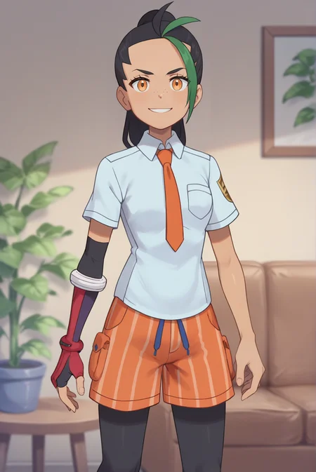 score_9, score_8_up, score_7_up, score_6_up, score_5_up, score_4_up, BREAK source_anime, 1girl, solo,
<lora:PokemonNemonaXL-v1-06:0.7>, ChopioNemona, black hair, green hair, streaked hair, ponytail, long hair, eyelashes, orange eyes, freckles, looking at viewer,
outfit_1, light blue shirt, collared shirt, orange necktie, short sleeves, breast pocket, red elbow glove, fingerless glove, single elbow glove, orange shorts, striped shorts, legwear under shorts, black leggings,
living room, standing, smile,