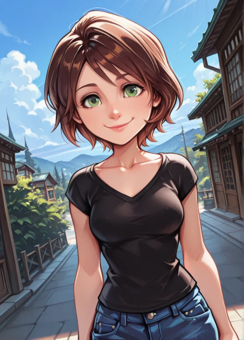 tetsuyaxd,
masterpiece, best quality, amazing quality, very aesthetic, absurdres, newest, detailed background, cowboy shot, outdoors, looking at viewer, official style, dynamic angle,
cassxd, 1girl, solo, short hair, brown hair, green eyes, looking at viewer, collarbone, black shirt, medium breasts, smile, posing, denim pants,
<lora:Aunt_Cass_Hamada_-_Disney_Illustrious:1> ,
<lora:Tetsuya_Nomura_Style:1>