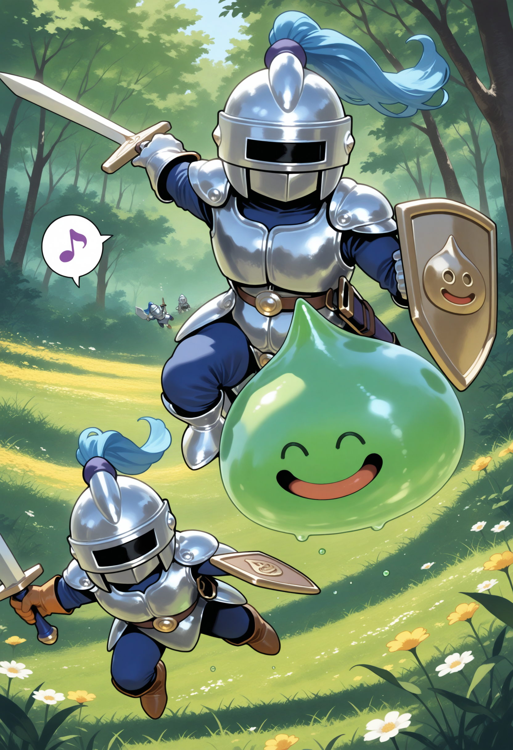 masterpiece,best quality,nature,field,slime knight,slime_(dragon_quest),armor,helmet,knight,green skin,holding sword,holding shield,<lora:slime knight-NAIvPred:0.9>,jumping,spoken musical note,closed eyes,smile,