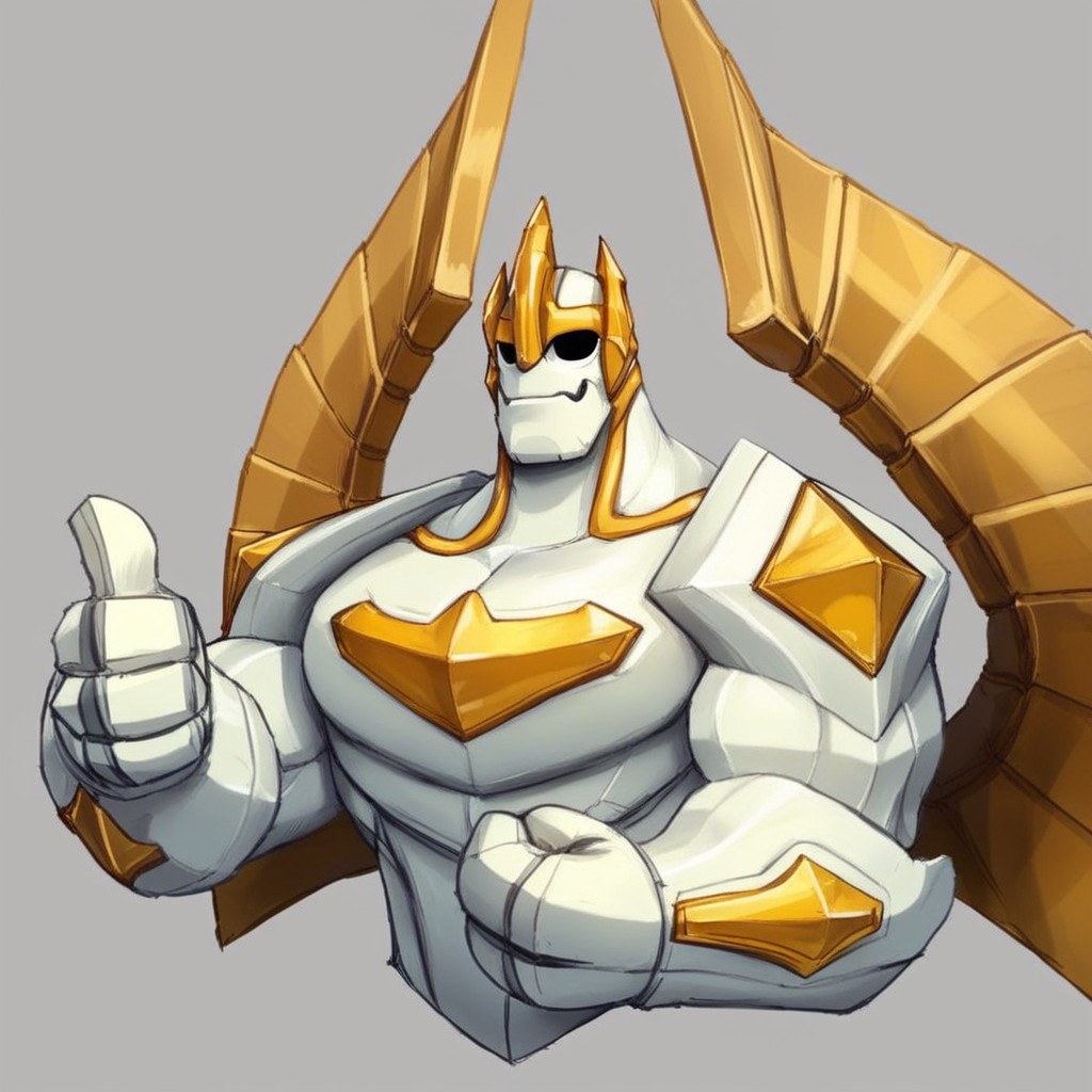 zPDXL3, score_7_up, score_8_up, upper body, 
BREAK,
galio, beefy, white body, gold trim, wings, empty eyes, three fingers, (thumbs up), simple background,