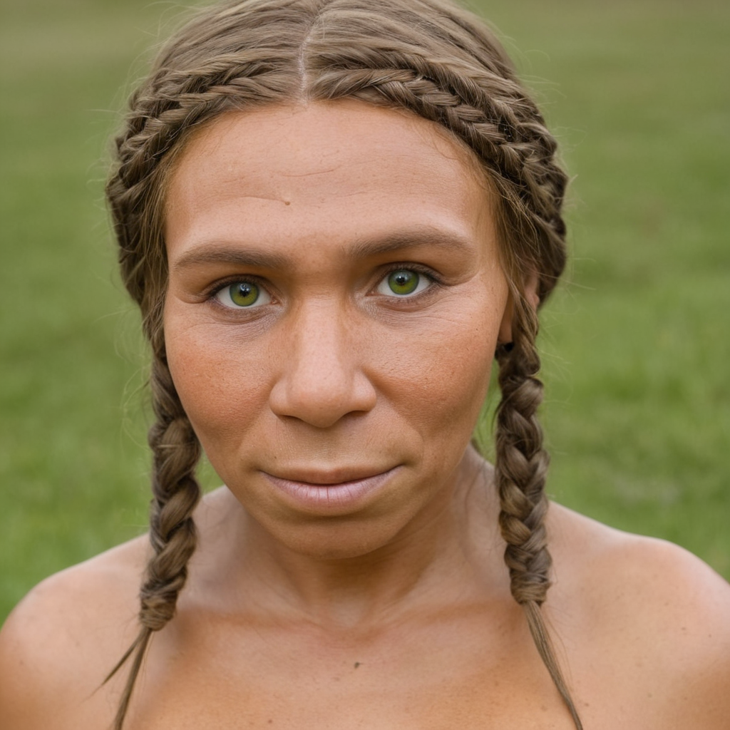a neanderthal woman with a woven braided hair and dark and  green eyes, meadoww, hut in background (((closed mouth))), light smile,  <lora:Neanderthal-concept:1.2>neanderthal female, neanderthal woman face