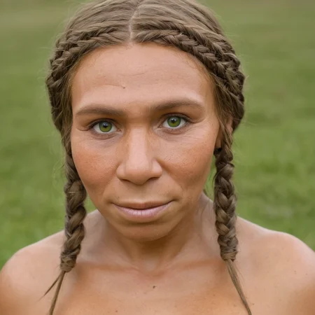 a neanderthal woman with a woven braided hair and dark and  green eyes, meadoww, hut in background (((closed mouth))), light smile,  <lora:Neanderthal-concept:1.2>neanderthal female, neanderthal woman face