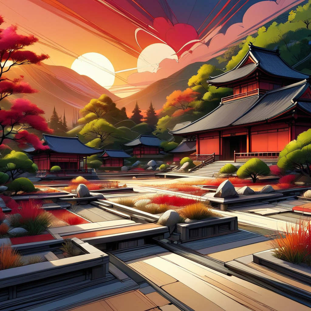 InkBlast, a landscape, a beautiful zen garden, reds golds and whites, sunset